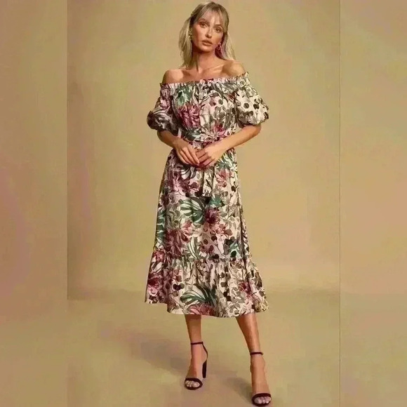 Lulu's She's the One Beige Floral Print Off-The-Shoulder Midi Dress size… - Picture 2 of 16